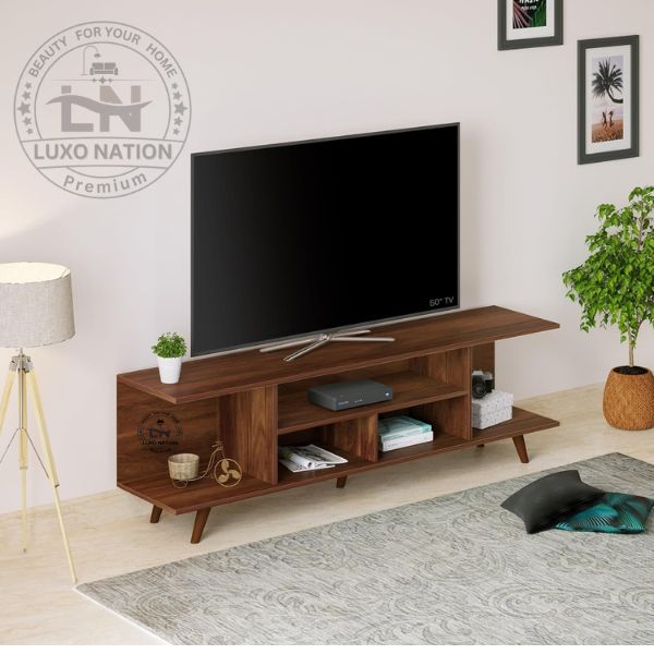Designer TV Stand with Multi-Shelf Storage – Brown Maple Look
